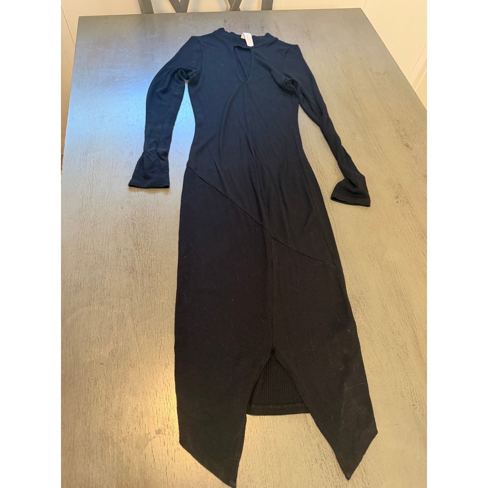 May Pink Black Ribbed Mock Neck Keyhole Long Sleeve Midi Dress Large ED-353